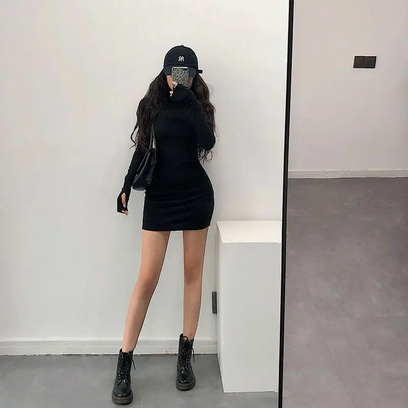 Dresses Women Turtleneck Solid Tight Fit Long Sleeve European Style Sexy Spicy Girls Spring Bodycon Simple Trendy Vestidos Mujer