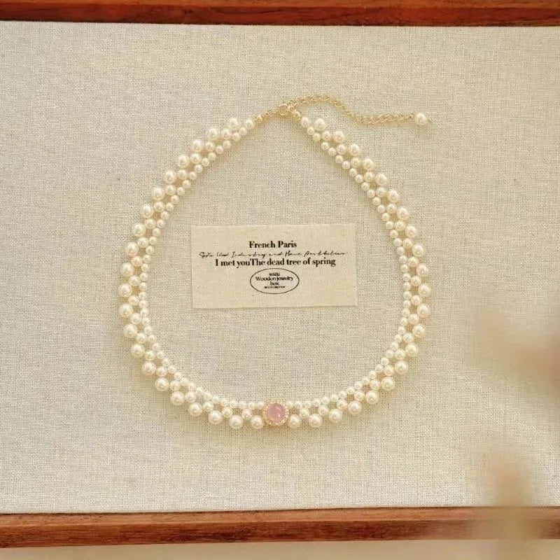 Pearl Jewelry Sets Women Necklace Pendant Necklace Elegant Multi-Layer Neck Chain Pink Chic Luxury Ring Earrings Jewelry Gifts