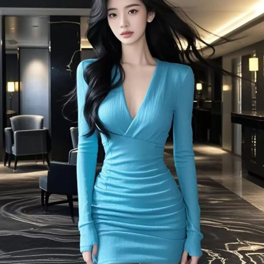 Ladies Office Lady Simplicity Pleated Solid Color V-neck Tight Dress Autumn Trend Sexy Long Sleeve Mini Dress Slim Women Clothes