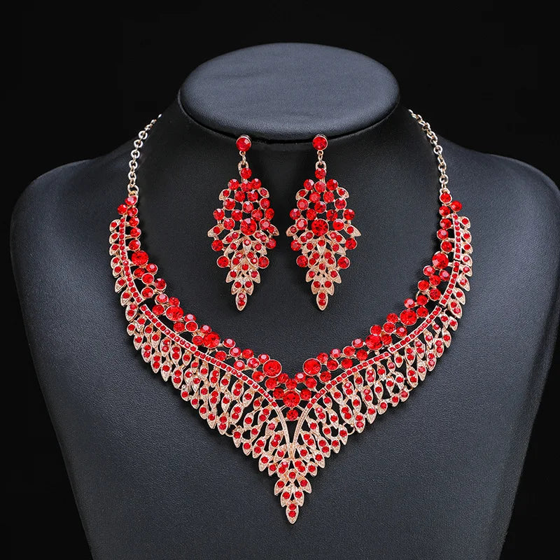 Luxury Jewelry Set Wholesale Elegant Bridal Wedding Prom Red Crystal Statement Earrings Rhinestone Choker Necklace for Women
