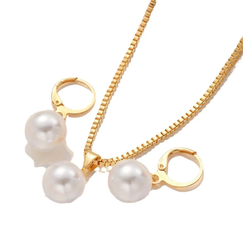 3Pcs Round Pearl Jewelry Set Of Earring Pendant Necklace For Women Exquisite Fashion Rhinestone Double Wedding Jewelry Set Gift