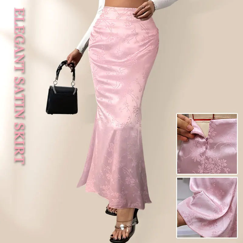 Pink Satin Skirts For Woman Elegant Slim Floral PRINT Skort Streetwear Casual Simple Straight Pencil Midi Skirt Female Like Silk