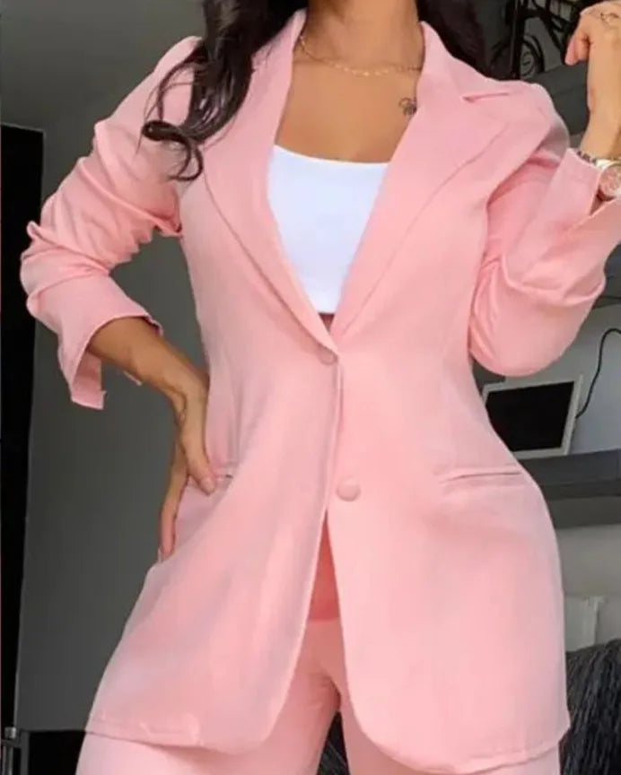 Two Piece Set Women Outfit Autumn Fashion  Collar Long Sleeve Blazer Coat & Elegant Pocket Design Work Pants Set
