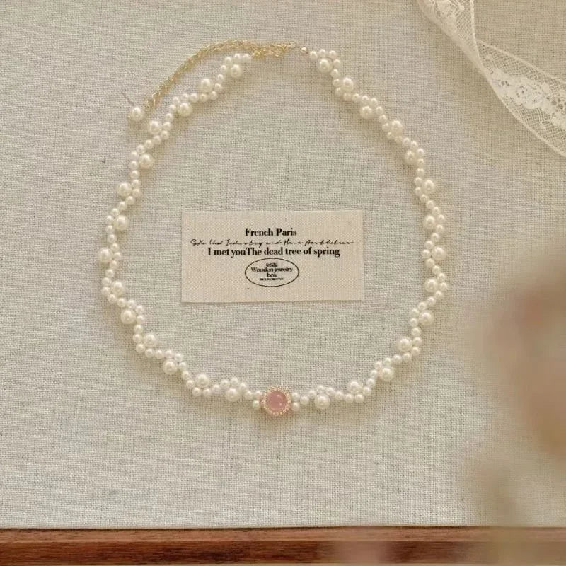 Pearl Jewelry Sets Women Necklace Pendant Necklace Elegant Multi-Layer Neck Chain Pink Chic Luxury Ring Earrings Jewelry Gifts