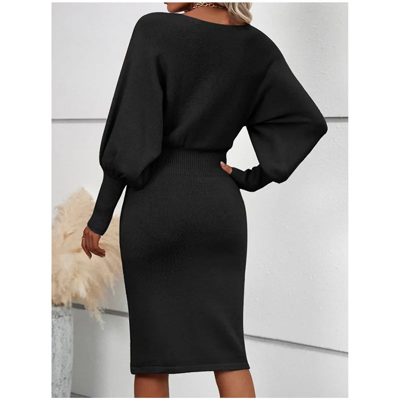 Women Knit Dress Sweater Long Sleeve Round Neck Slim Fit Dresses Tight Waist Thick Warm Vestidos Elegant Lady Skinny Autumn