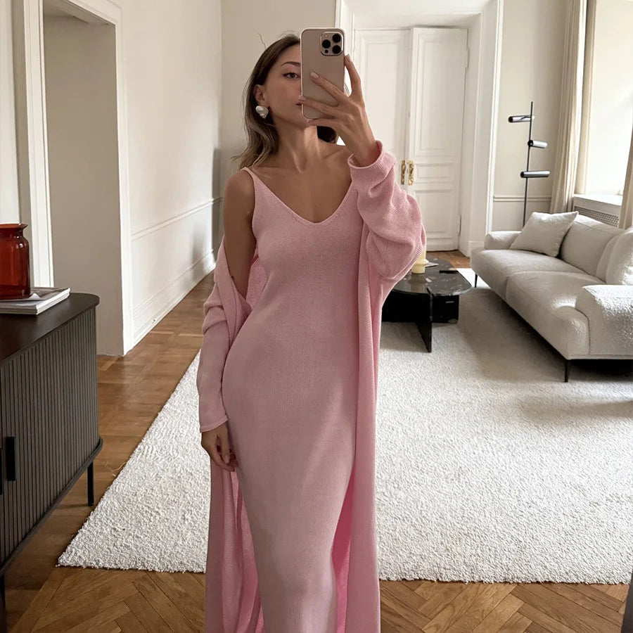 Women's Knitted Hollow out Vest Long Skirt Set Casual Faion Ensemble Hollow out Knitwear Svel Summer Outfit