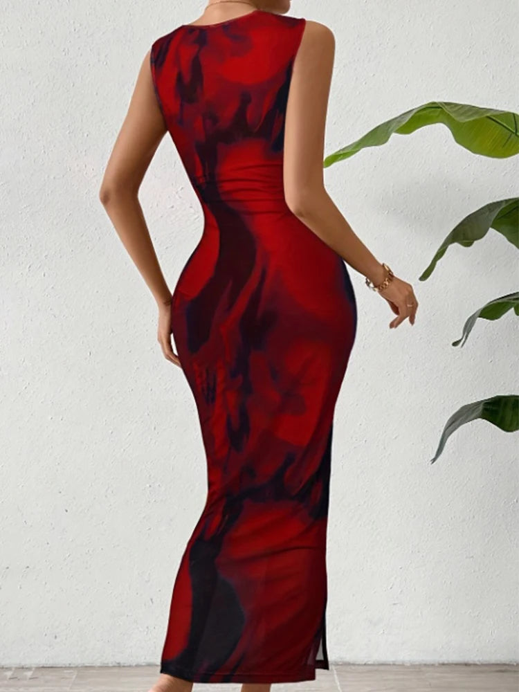 Women's Sexy Slim Fit Dress Summer Fashionable Printed Pattern High Elasticity Tight Fitting Sleeveless Women's Evening Dress