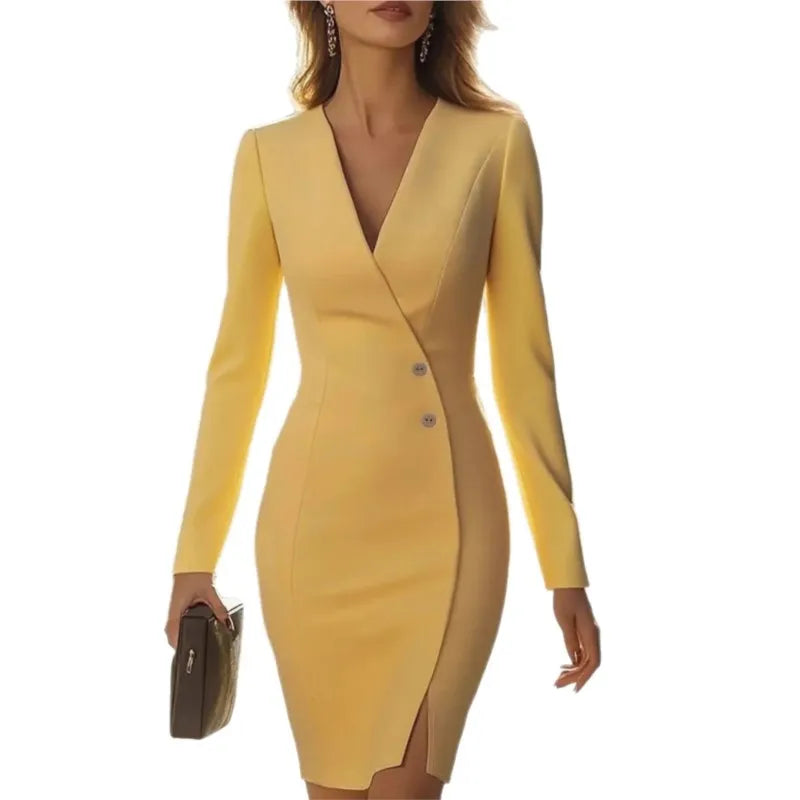 Women's Slim Fit Dress Elegant Party Office Midi Dress Solid Color Lapel Three-quarter Sleeves Asymmetrical Button Closure Hem