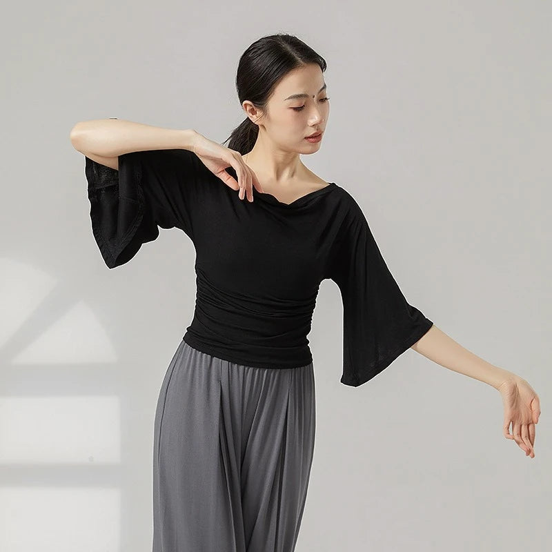 Modern Dance Outfit for Women One-shoulder Slimming T-shirt Fashionable Design and Flared Sleeves Classic Dance-like Top