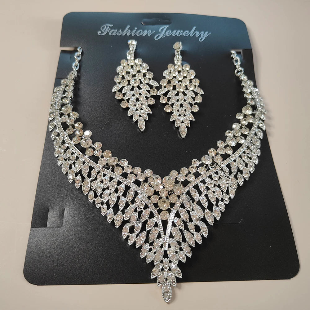 Luxury Jewelry Set Wholesale Elegant Bridal Wedding Prom Red Crystal Statement Earrings Rhinestone Choker Necklace for Women