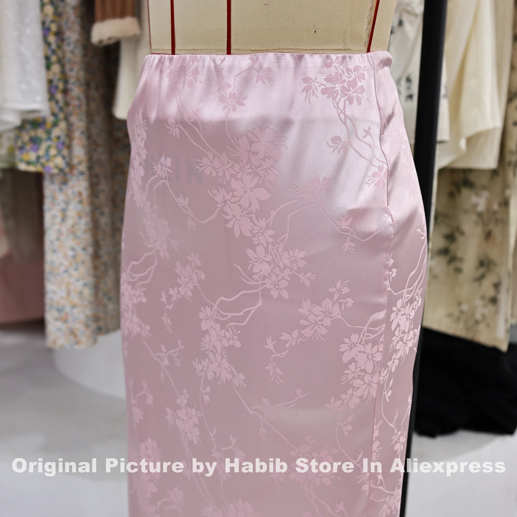 Pink Satin Skirts For Woman Elegant Slim Floral PRINT Skort Streetwear Casual Simple Straight Pencil Midi Skirt Female Like Silk