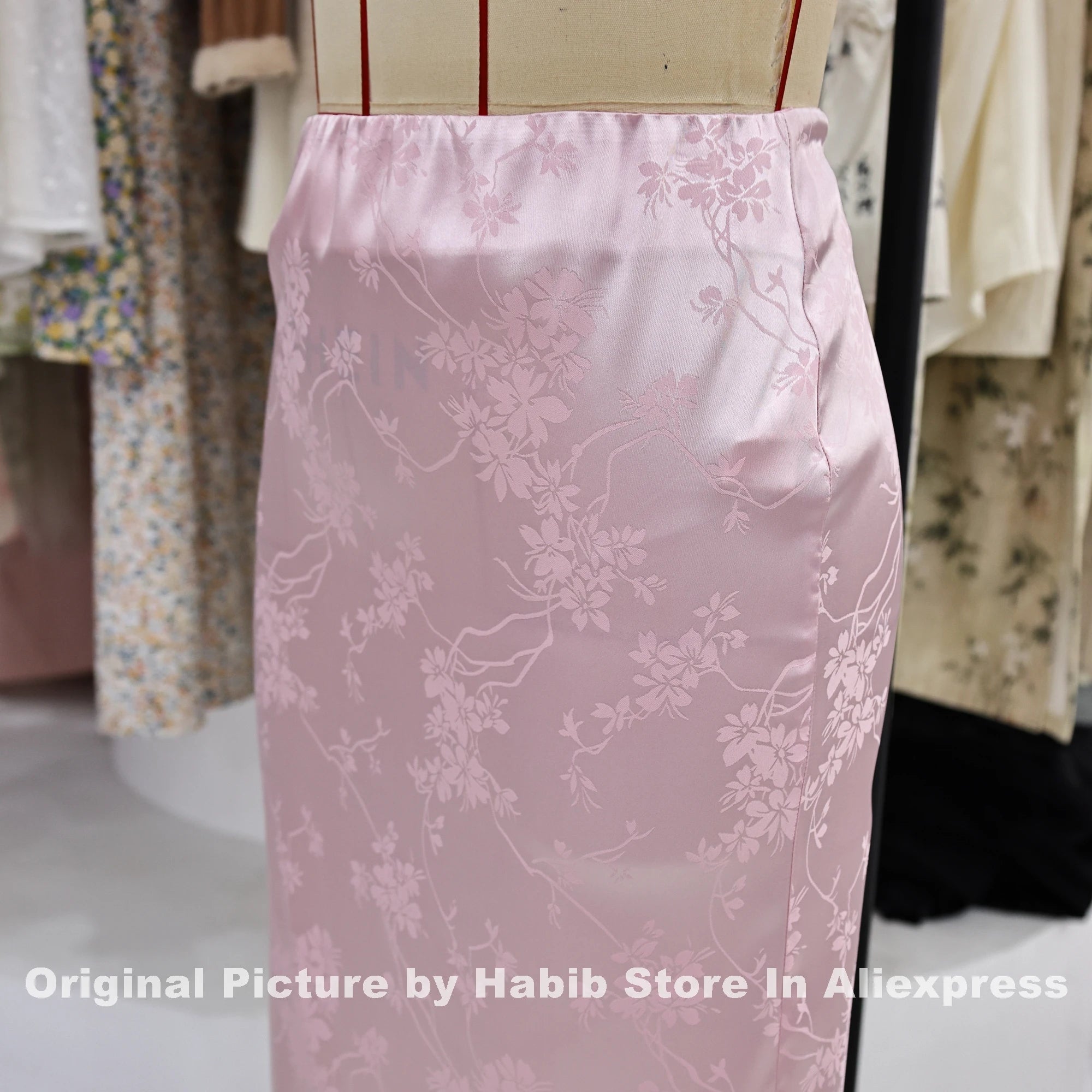 Pink Satin Skirts For Woman Elegant Slim Floral PRINT Skort Streetwear Casual Simple Straight Pencil Midi Skirt Female Like Silk