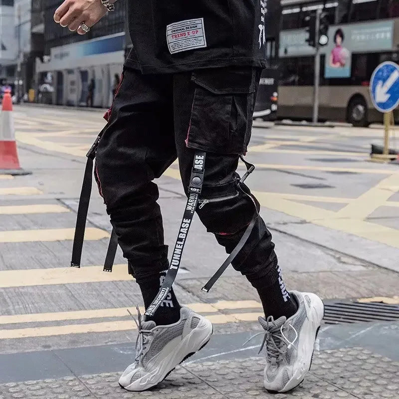 Joggers Cargo Pants for Men Casual Hip Hop Hit Color Pocket Male Trousers Sweatpants Streetwear Ribbons Techwear Pants