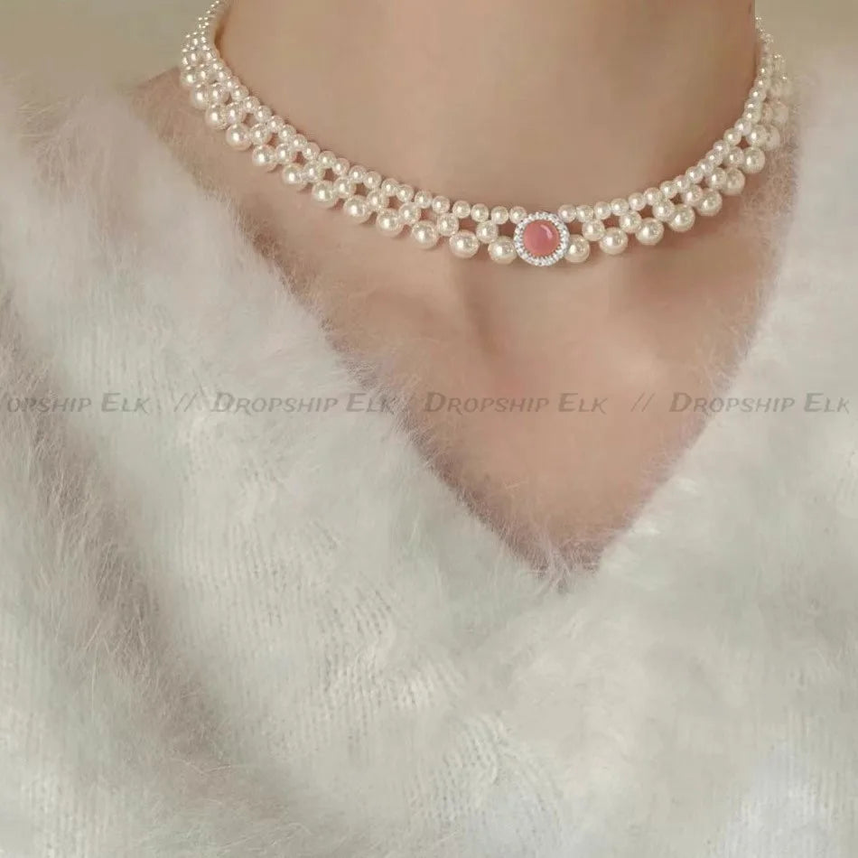 Pearl Jewelry Sets Women Necklace Pendant Necklace Elegant Multi-Layer Neck Chain Pink Chic Luxury Ring Earrings Jewelry Gifts