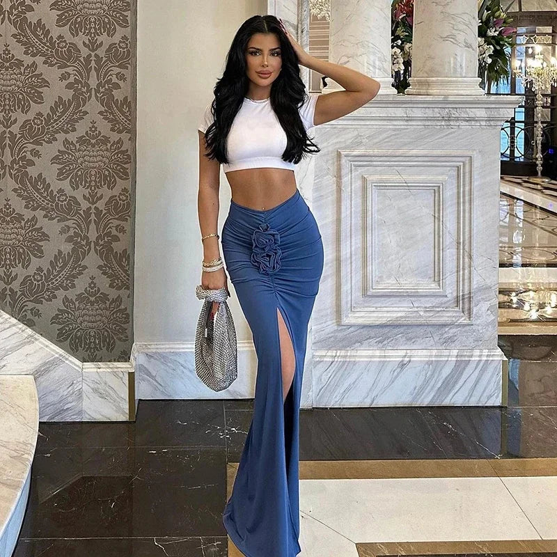 New Summer Fashion Women Skirt Streetwear Solid Skirts Appliques Sexy Split Slim Elegant Female Party Straight High Waist Skirts