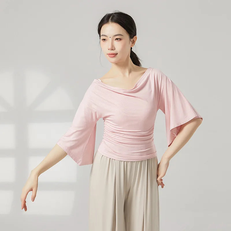 Modern Dance Outfit for Women One-shoulder Slimming T-shirt Fashionable Design and Flared Sleeves Classic Dance-like Top