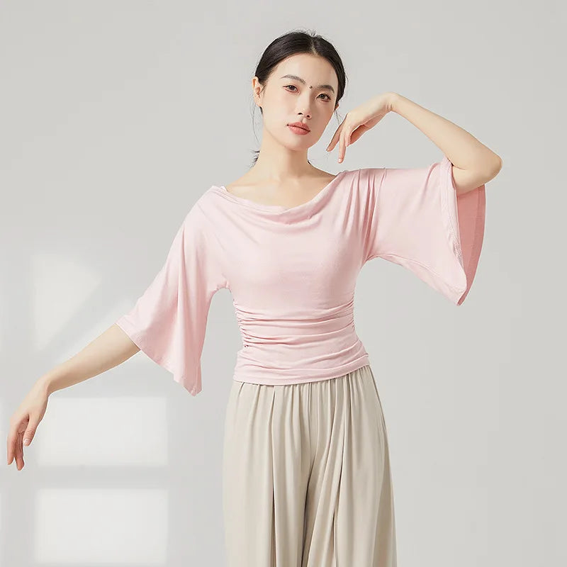 Modern Dance Outfit for Women One-shoulder Slimming T-shirt Fashionable Design and Flared Sleeves Classic Dance-like Top