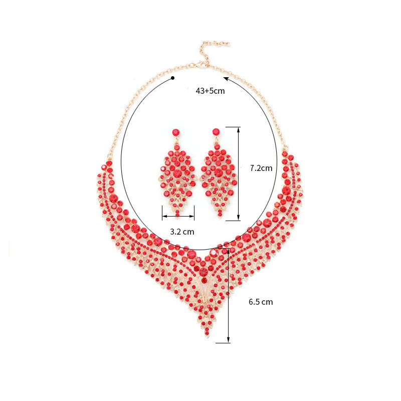 Luxury Jewelry Set Wholesale Elegant Bridal Wedding Prom Red Crystal Statement Earrings Rhinestone Choker Necklace for Women
