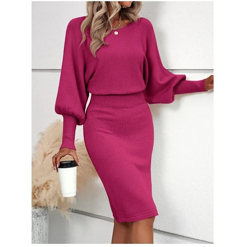 Women Knit Dress Sweater Long Sleeve Round Neck Slim Fit Dresses Tight Waist Thick Warm Vestidos Elegant Lady Skinny Autumn