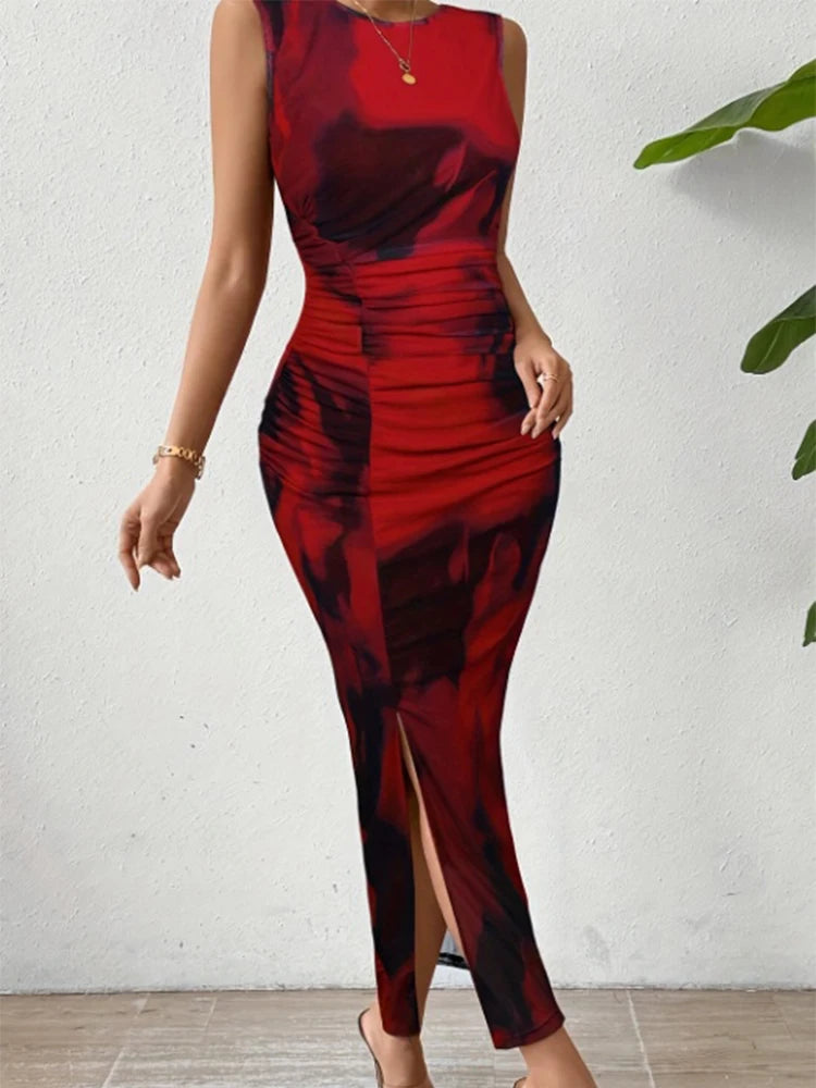 Women's Sexy Slim Fit Dress Summer Fashionable Printed Pattern High Elasticity Tight Fitting Sleeveless Women's Evening Dress