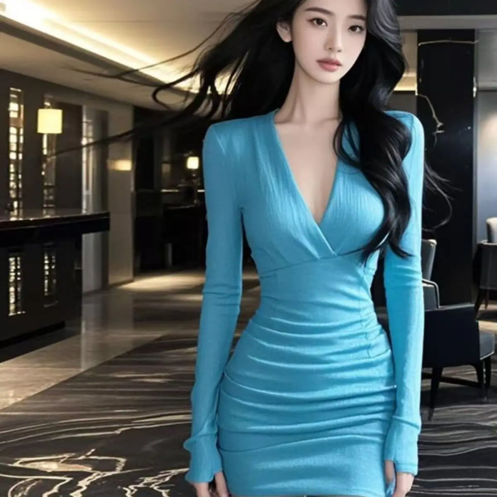 Ladies Office Lady Simplicity Pleated Solid Color V-neck Tight Dress Autumn Trend Sexy Long Sleeve Mini Dress Slim Women Clothes