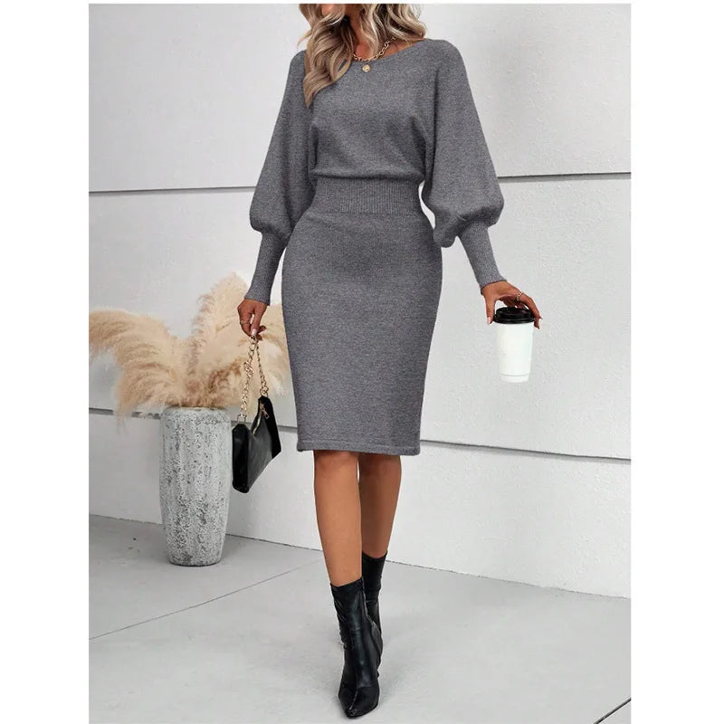 Women Knit Dress Sweater Long Sleeve Round Neck Slim Fit Dresses Tight Waist Thick Warm Vestidos Elegant Lady Skinny Autumn