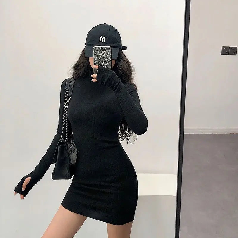 Dresses Women Turtleneck Solid Tight Fit Long Sleeve European Style Sexy Spicy Girls Spring Bodycon Simple Trendy Vestidos Mujer
