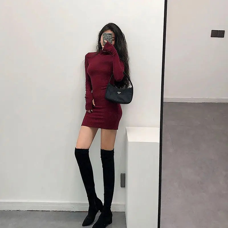Dresses Women Turtleneck Solid Tight Fit Long Sleeve European Style Sexy Spicy Girls Spring Bodycon Simple Trendy Vestidos Mujer
