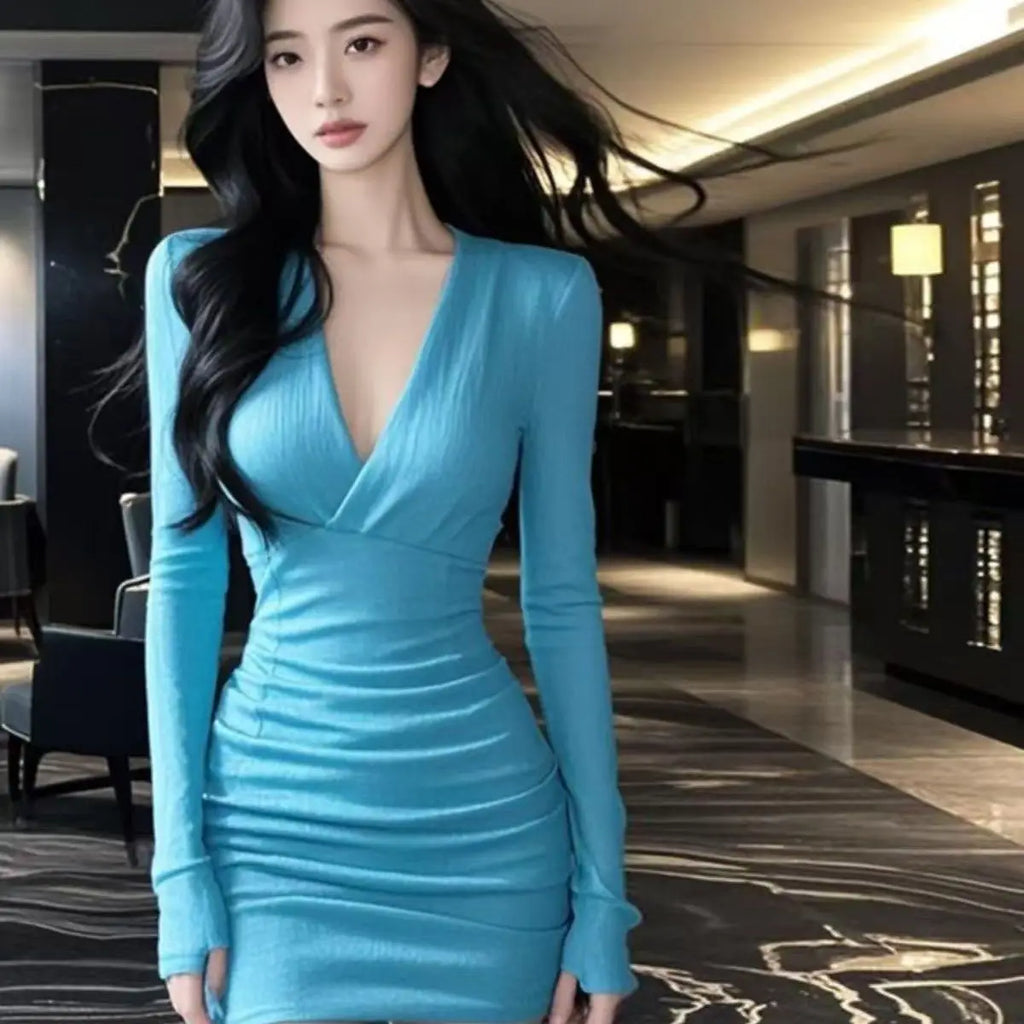 Ladies Office Lady Simplicity Pleated Solid Color V-neck Tight Dress Autumn Trend Sexy Long Sleeve Mini Dress Slim Women Clothes