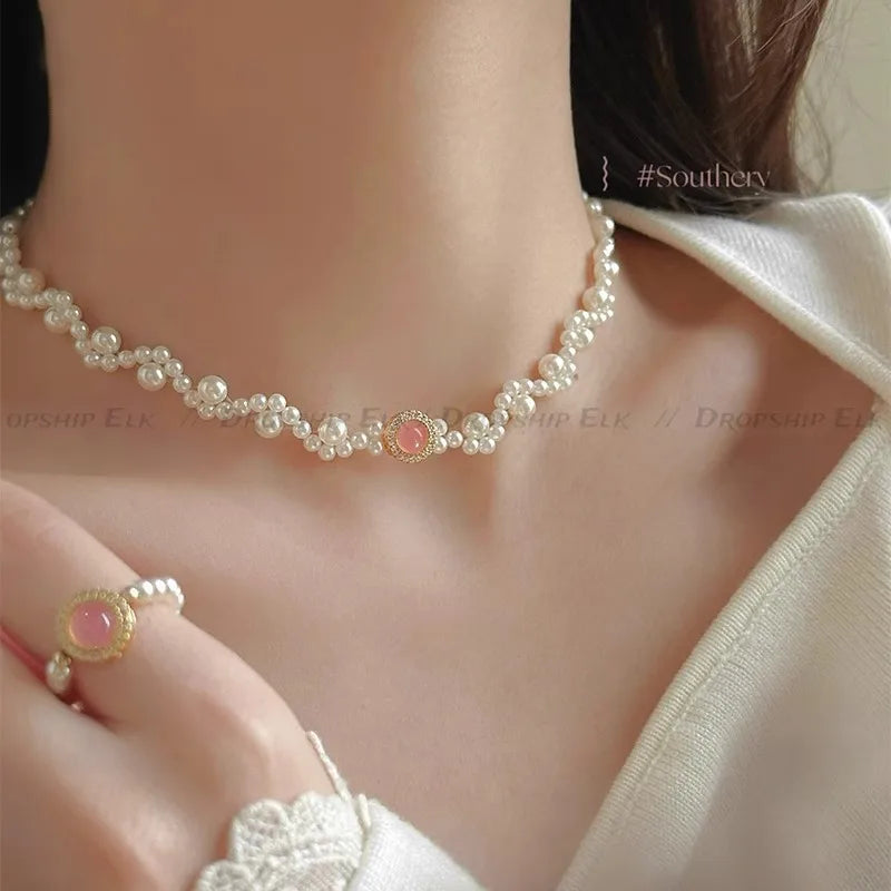 Pearl Jewelry Sets Women Necklace Pendant Necklace Elegant Multi-Layer Neck Chain Pink Chic Luxury Ring Earrings Jewelry Gifts