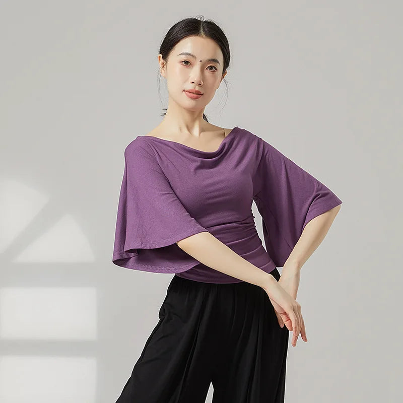 Modern Dance Outfit for Women One-shoulder Slimming T-shirt Fashionable Design and Flared Sleeves Classic Dance-like Top