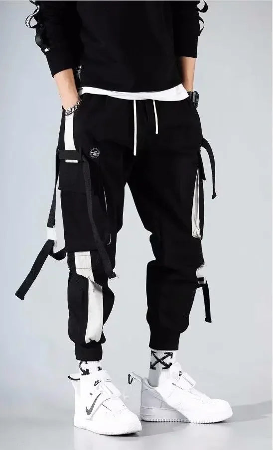 Joggers Cargo Pants for Men Casual Hip Hop Hit Color Pocket Male Trousers Sweatpants Streetwear Ribbons Techwear Pants