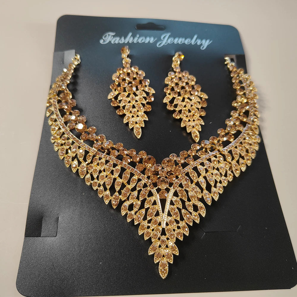 Luxury Jewelry Set Wholesale Elegant Bridal Wedding Prom Red Crystal Statement Earrings Rhinestone Choker Necklace for Women