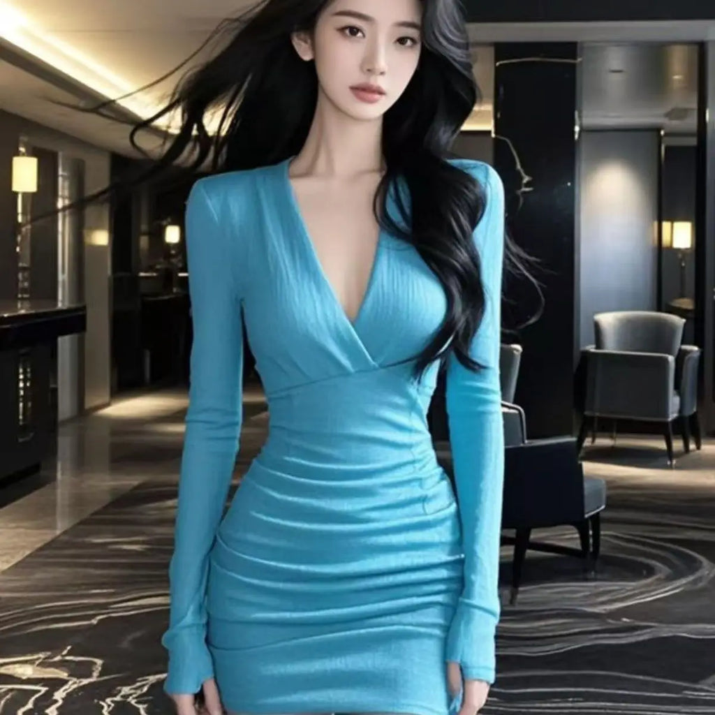 Ladies Office Lady Simplicity Pleated Solid Color V-neck Tight Dress Autumn Trend Sexy Long Sleeve Mini Dress Slim Women Clothes
