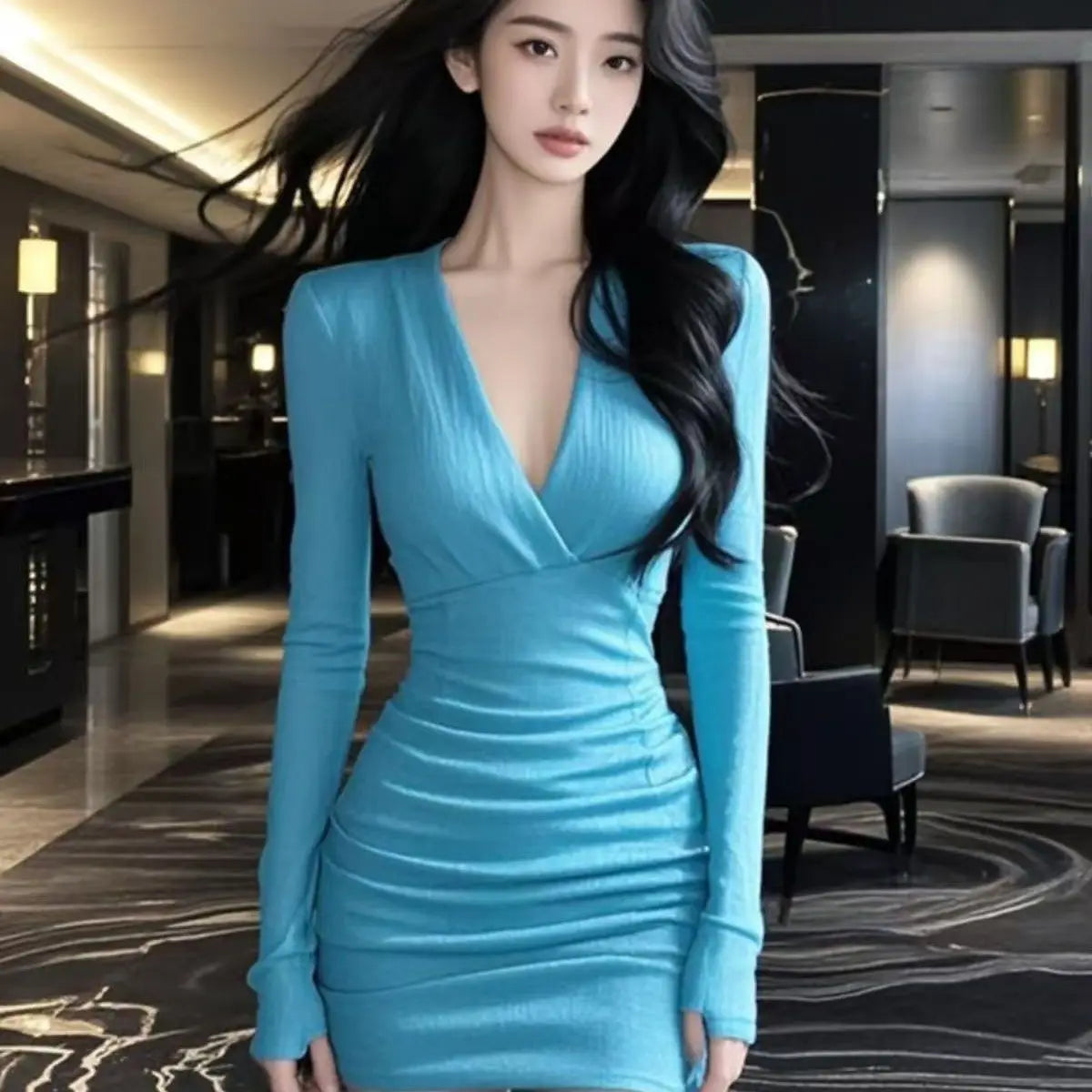 Ladies Office Lady Simplicity Pleated Solid Color V-neck Tight Dress Autumn Trend Sexy Long Sleeve Mini Dress Slim Women Clothes