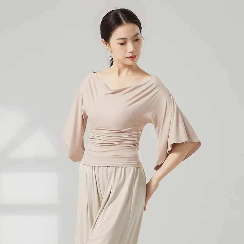 Modern Dance Outfit for Women One-shoulder Slimming T-shirt Fashionable Design and Flared Sleeves Classic Dance-like Top
