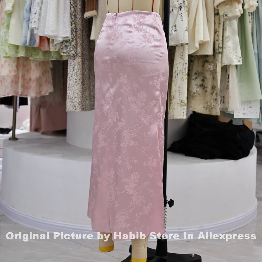 Pink Satin Skirts For Woman Elegant Slim Floral PRINT Skort Streetwear Casual Simple Straight Pencil Midi Skirt Female Like Silk