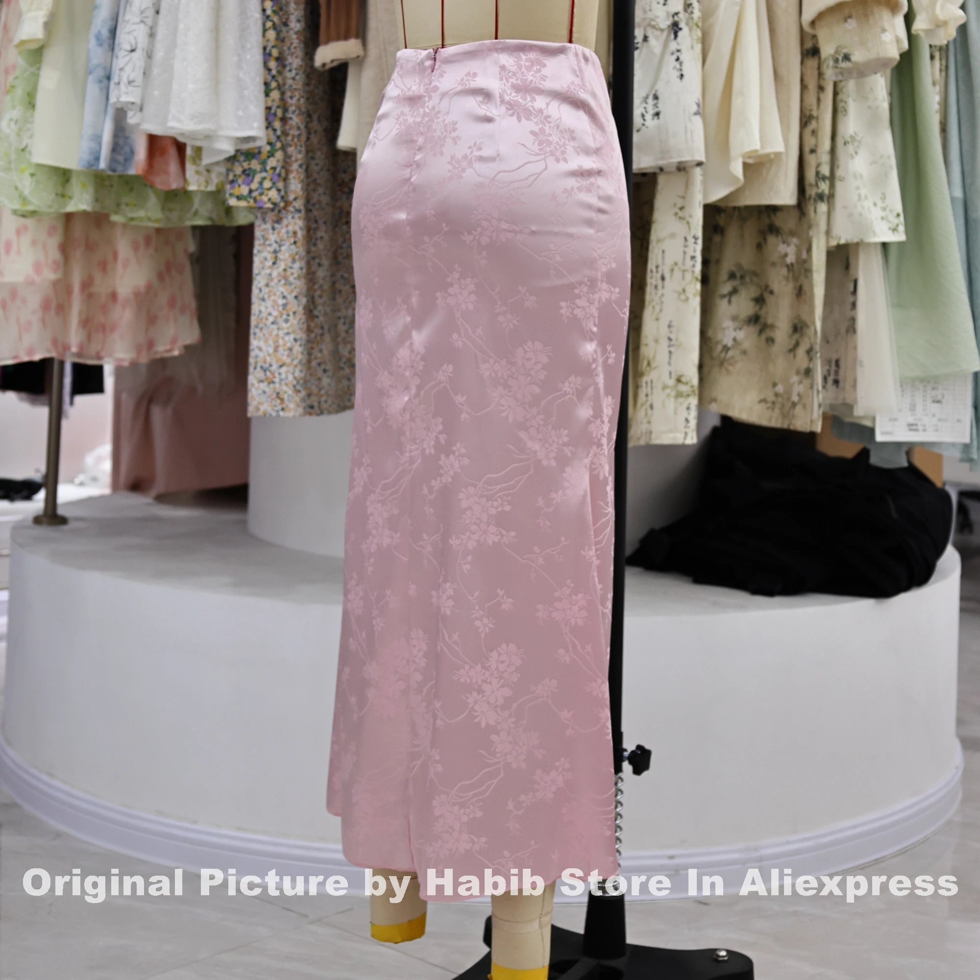 Pink Satin Skirts For Woman Elegant Slim Floral PRINT Skort Streetwear Casual Simple Straight Pencil Midi Skirt Female Like Silk